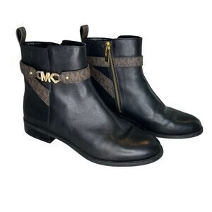 Michael Kors Farrah Flat Black Leather Gold Logo Ankle Boot 8.5